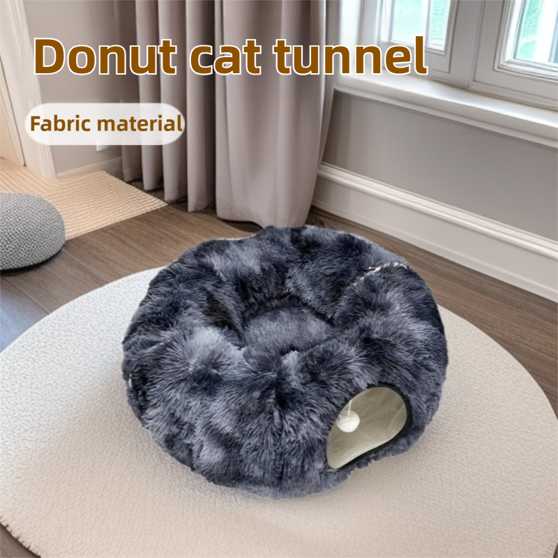 2-in-1 Dark Grey Tie-Dye Donut-Shaped Cat Tunnel Bed -  Spacious 85cm Pet Play Tunnel & Lounger, Durable Fabric for Cats & Kittens - Image 2