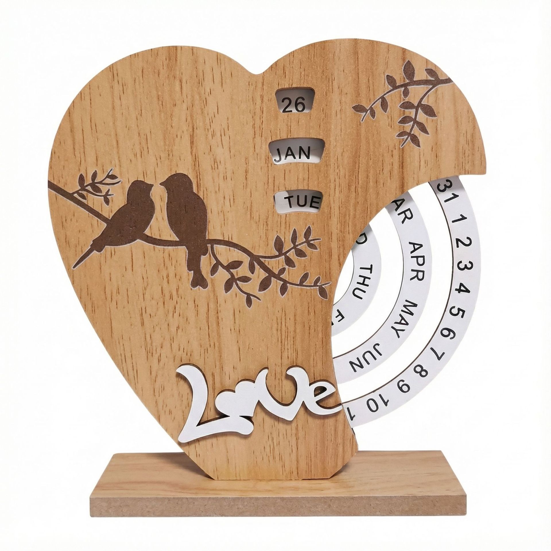 Artistic Heart Timber Perpetual Calendar Decoration(19.5x15.5 CM) - Manual Rotating Date Tracker - Image 1