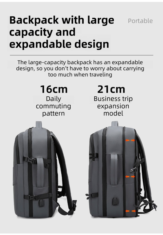 Grey Premium Business Expandable Travel Backpack with External USB Charging - 20-35L Large-Capacity & Waterproof Commuter Daypack - Image 2