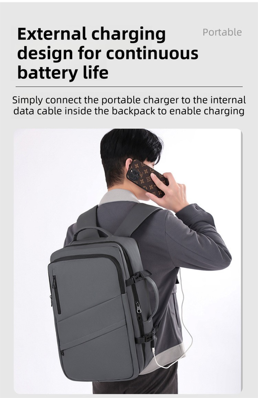Grey Premium Business Expandable Travel Backpack with External USB Charging - 20-35L Large-Capacity & Waterproof Commuter Daypack - Image 3