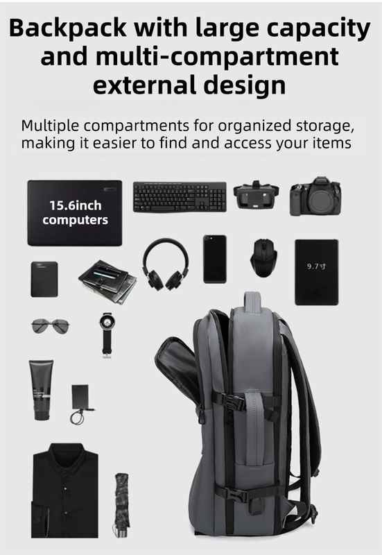 Grey Premium Business Expandable Travel Backpack with External USB Charging - 20-35L Large-Capacity & Waterproof Commuter Daypack - Image 5