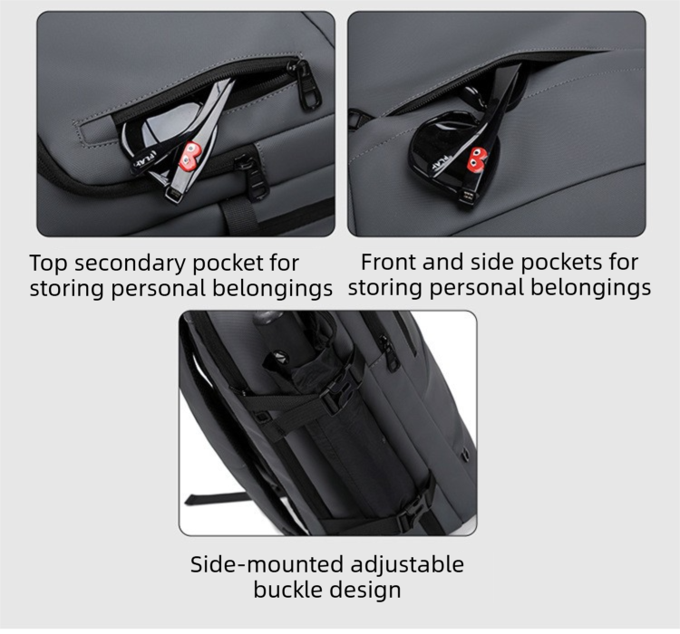 Grey Premium Business Expandable Travel Backpack with External USB Charging - 20-35L Large-Capacity & Waterproof Commuter Daypack - Image 6