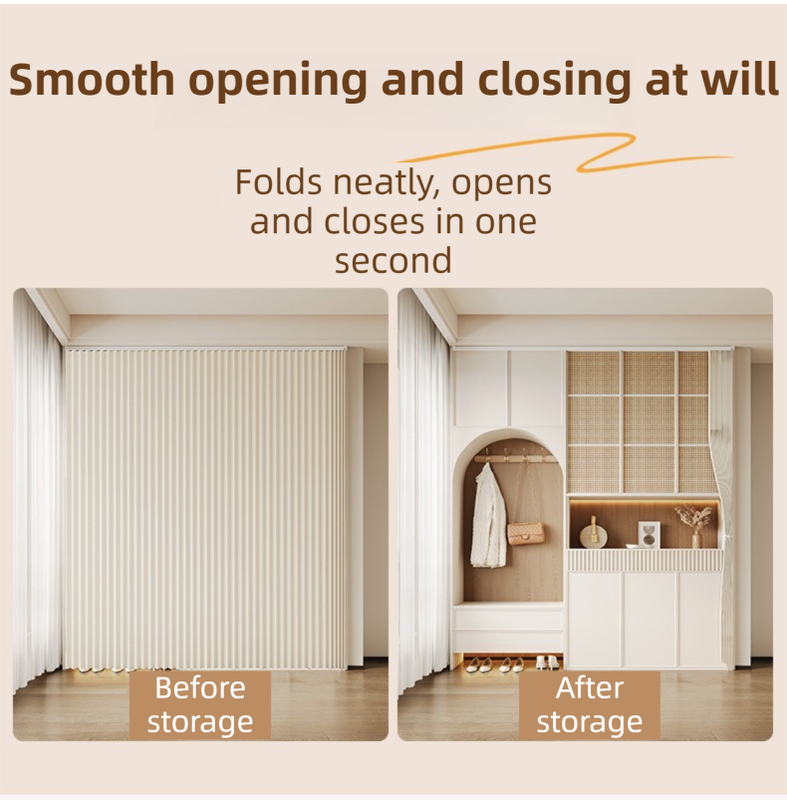100 X 180 CM Fruit-Green Linen-Look Dust Drill-Free Pull-Curtain - Folding Doorless Closet Divider with Magnetic Closure & Hanging Rings - Image 3