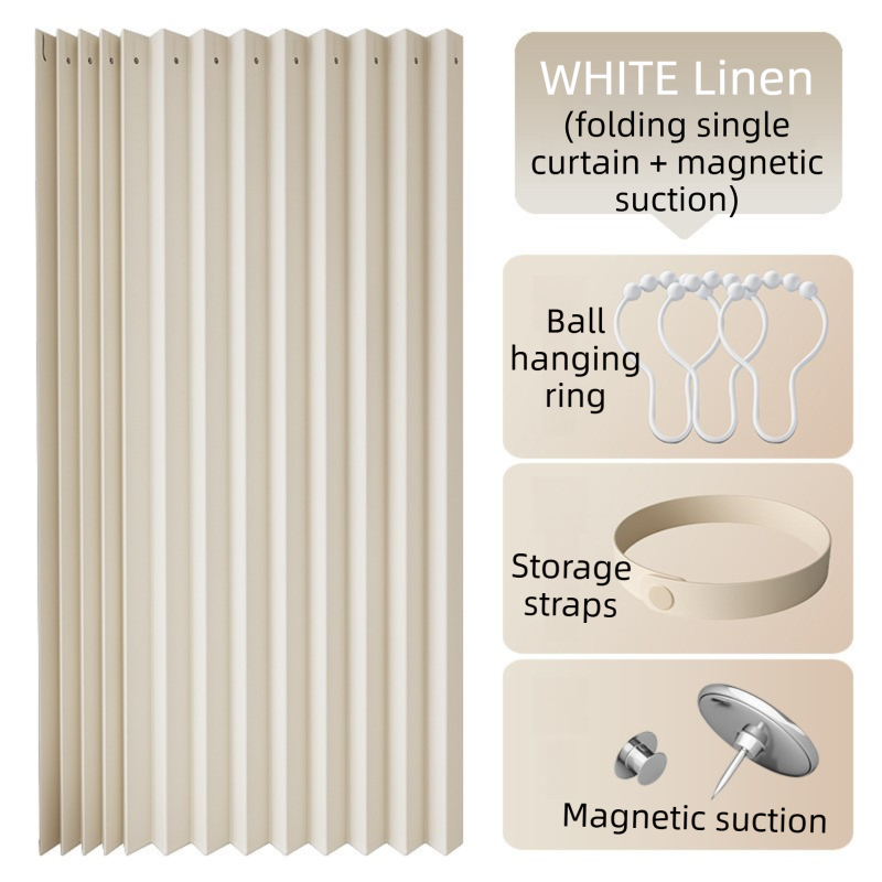 120 X 180 CM White Linen-Look Dust Drill-Free Pull-Curtain - Folding Doorless Closet Divider with Magnetic Closure & Hanging Rings - Image 1