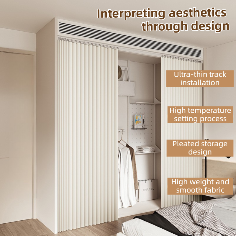 120 X 180 CM White Linen-Look Dust Drill-Free Pull-Curtain - Folding Doorless Closet Divider with Magnetic Closure & Hanging Rings - Image 5