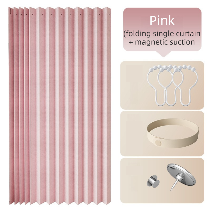 120 X 180 CM Pink Linen-Look Dust Drill-Free Pull-Curtain - Folding Doorless Closet Divider with Magnetic Closure & Hanging Rings - Image 1