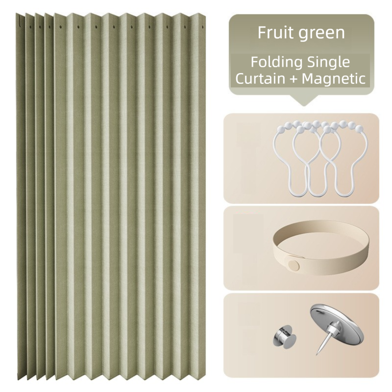 120 X 180 CM Fruit-Green Linen-Look Dust Drill-Free Pull-Curtain - Folding Doorless Closet Divider with Magnetic Closure & Hanging Rings - Image 1