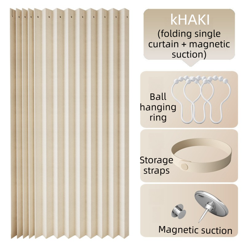150 X 180 CM Khaki Linen-Look Dust Drill-Free Pull-Curtain - Folding Doorless Closet Divider with Magnetic Closure & Hanging Rings - Image 1