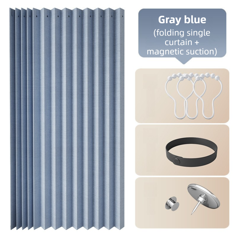 150 X 180 CM Gray Blue Linen-Look Dust Drill-Free Pull-Curtain - Folding Doorless Closet Divider with Magnetic Closure & Hanging Rings - Image 1