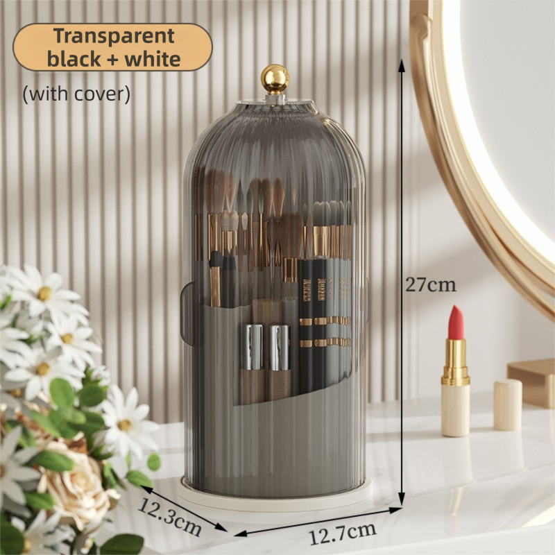 White 360° Rotating Makeup Brush Holder with Black Transparent Dust-Proof Sliding Door - Large Capacity Cosmetic Organizer, Professionaln Gradient Dual Zones - Image 1