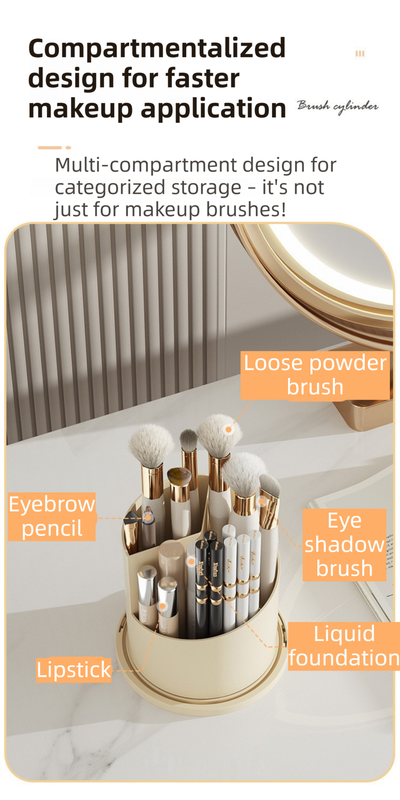 White 360° Rotating Makeup Brush Holder with Black Transparent Dust-Proof Sliding Door - Large Capacity Cosmetic Organizer, Professionaln Gradient Dual Zones - Image 3