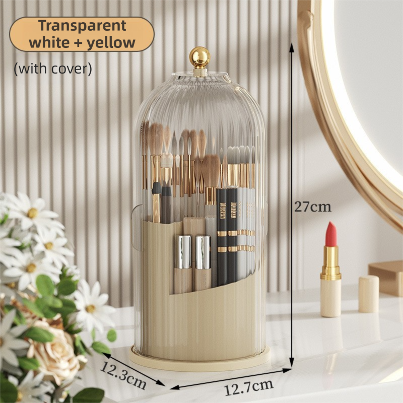Yellow 360° Rotating Makeup Brush Holder with Transparent Dust-Proof Sliding Door - Large Capacity Cosmetic Organizer, Professionaln Gradient Dual Zones - Image 1
