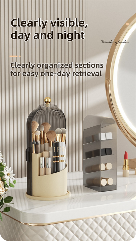 Yellow 360° Rotating Makeup Brush Holder with Transparent Dust-Proof Sliding Door - Large Capacity Cosmetic Organizer, Professionaln Gradient Dual Zones - Image 5