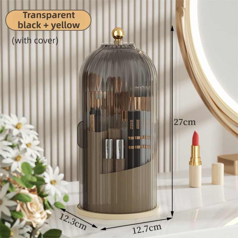 Yellow 360° Rotating Makeup Brush Holder with Black Transparent Dust-Proof Sliding Door - Large Capacity Cosmetic Organizer, Professionaln Gradient Dual Zones - Image 1