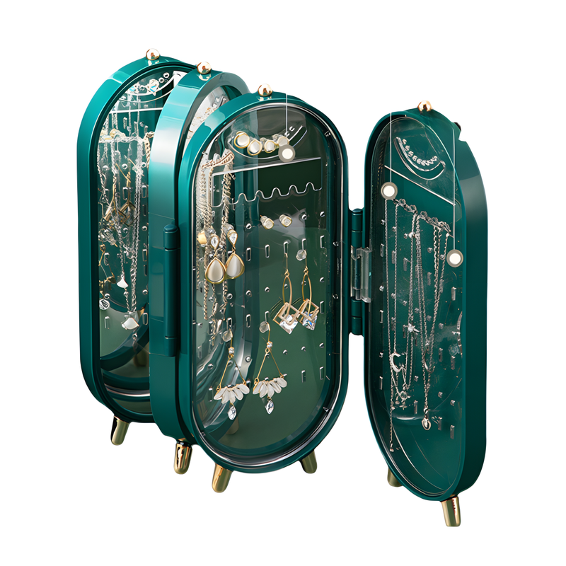 Green 4-Layer Retractable Screen-Style Jewelry Display Stand With Mirror Zone - Dust-Proof Necklace & Earring Organizer Case for Vanity - Image 1