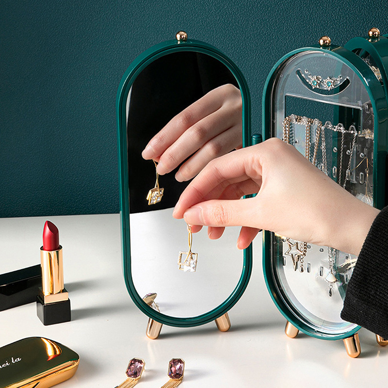 Green 4-Layer Retractable Screen-Style Jewelry Display Stand With Mirror Zone - Dust-Proof Necklace & Earring Organizer Case for Vanity - Image 2