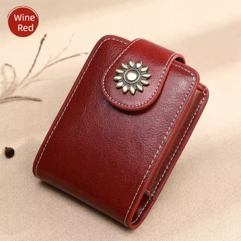 Wine-Red Sleek Compact PU Leather Flap-Top Lip Gloss Organizer with Built-in Mirror - Image 1