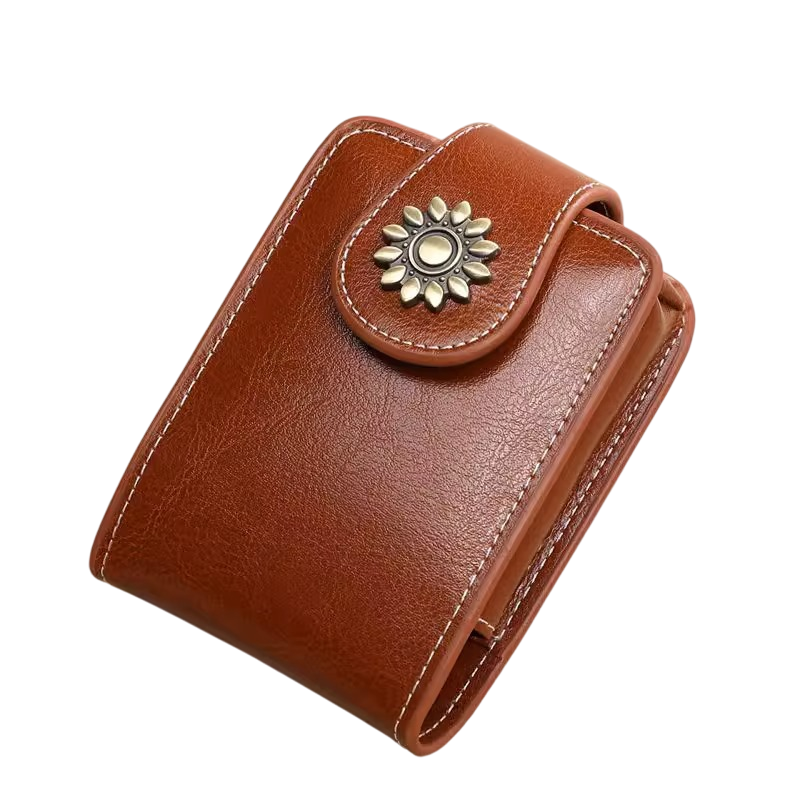 Brown Sleek Compact PU Leather Flap-Top Lip Gloss Organizer with Built-in Mirror - Image 1
