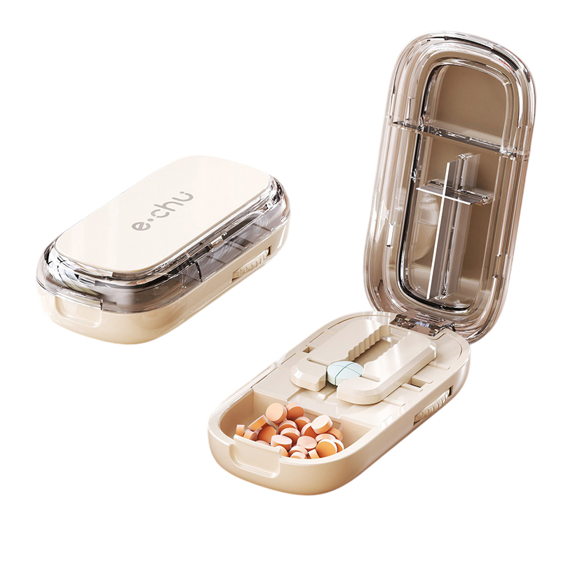 Beige Portable Mini Pill Organizer with 1/2 & 1/4 Precision Cutter - 3-Compartment Daily Travel Medicine Case with Rolling Knob Lock - Image 1