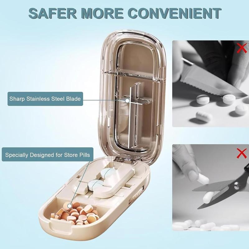 Beige Portable Mini Pill Organizer with 1/2 & 1/4 Precision Cutter - 3-Compartment Daily Travel Medicine Case with Rolling Knob Lock - Image 3