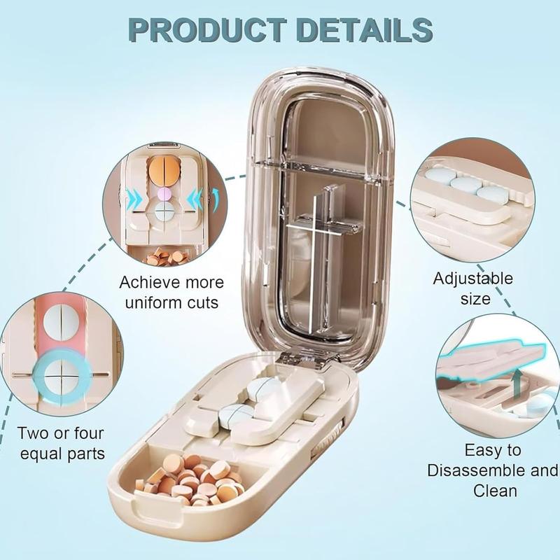 Beige Portable Mini Pill Organizer with 1/2 & 1/4 Precision Cutter - 3-Compartment Daily Travel Medicine Case with Rolling Knob Lock - Image 4