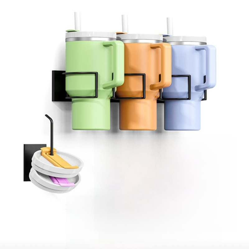 Drill-Free Magnetic Cup Organizer with Dedicated Lid Hook - Heavy Duty Carbon Steel Side Rack for Stanley Tumblers - Image 1