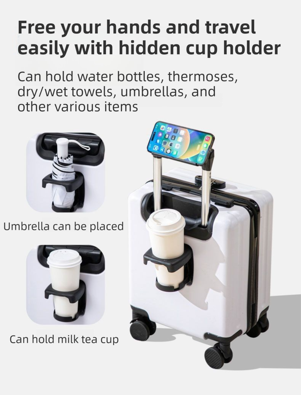 White 14 Inch Lightweight Carry-on Luggage for heights under 1.6m - Underseat & Overhead Cabin Hardside Suitcase with Cup Holder & Phone Stand - Image 4