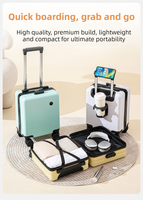 Black 14 Inch Lightweight Carry-on Luggage for heights over 1.6m - Underseat & Overhead Cabin Hardside Suitcase with Cup Holder & Phone Stand - Image 7