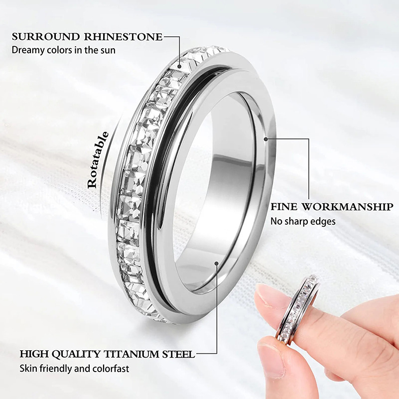 3-Piece Anxiety Spinner Meditation Bands Set - Full Zircon Inlaid Stainless Steel Rings for Stress Relief - US Size 8 - Image 3
