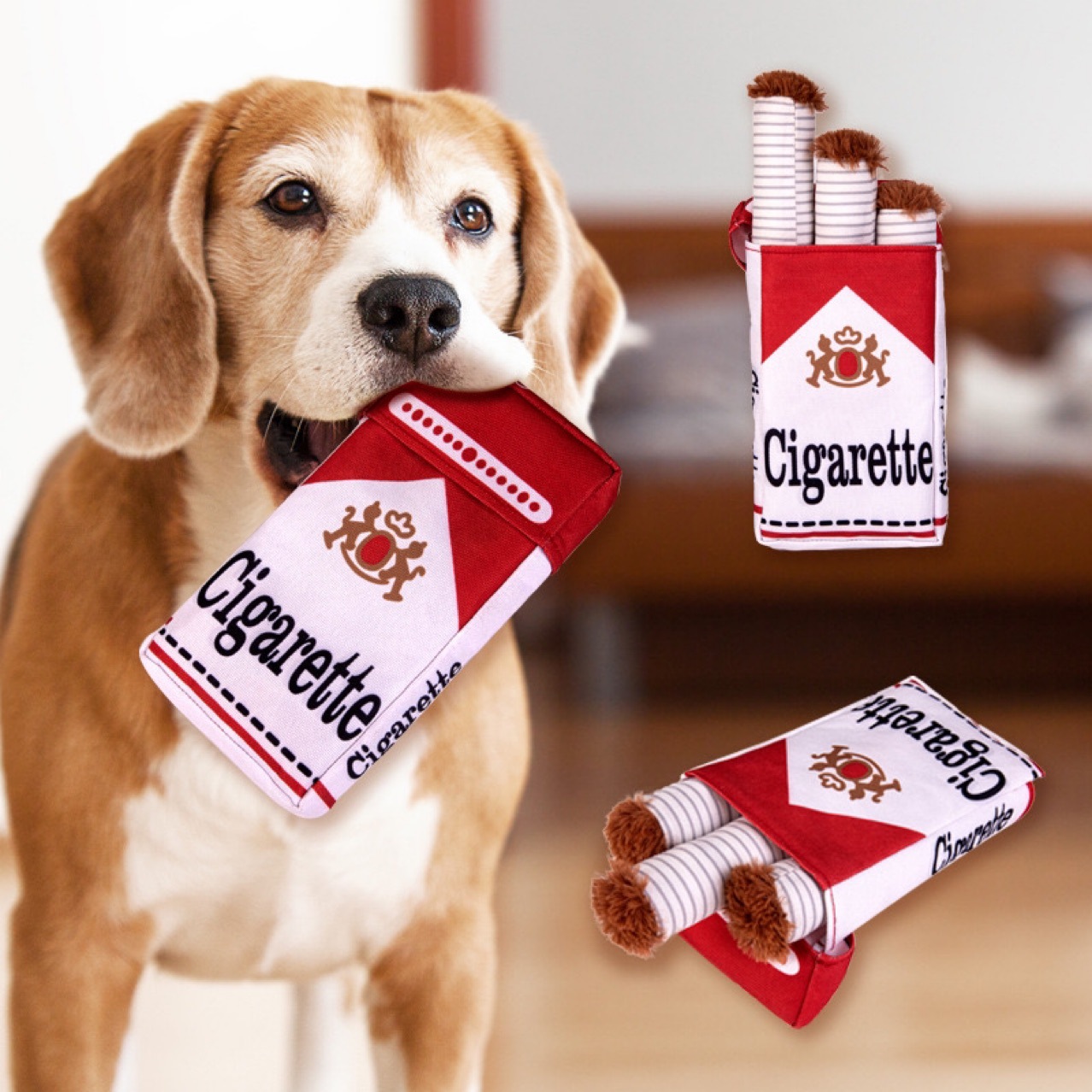 2-Pack Funny Cigarette Box Squeaky Dog Toy - Soft Plush Interactive Molar Toy, Crinkle & Squeak Boredom Breaker - Image 1