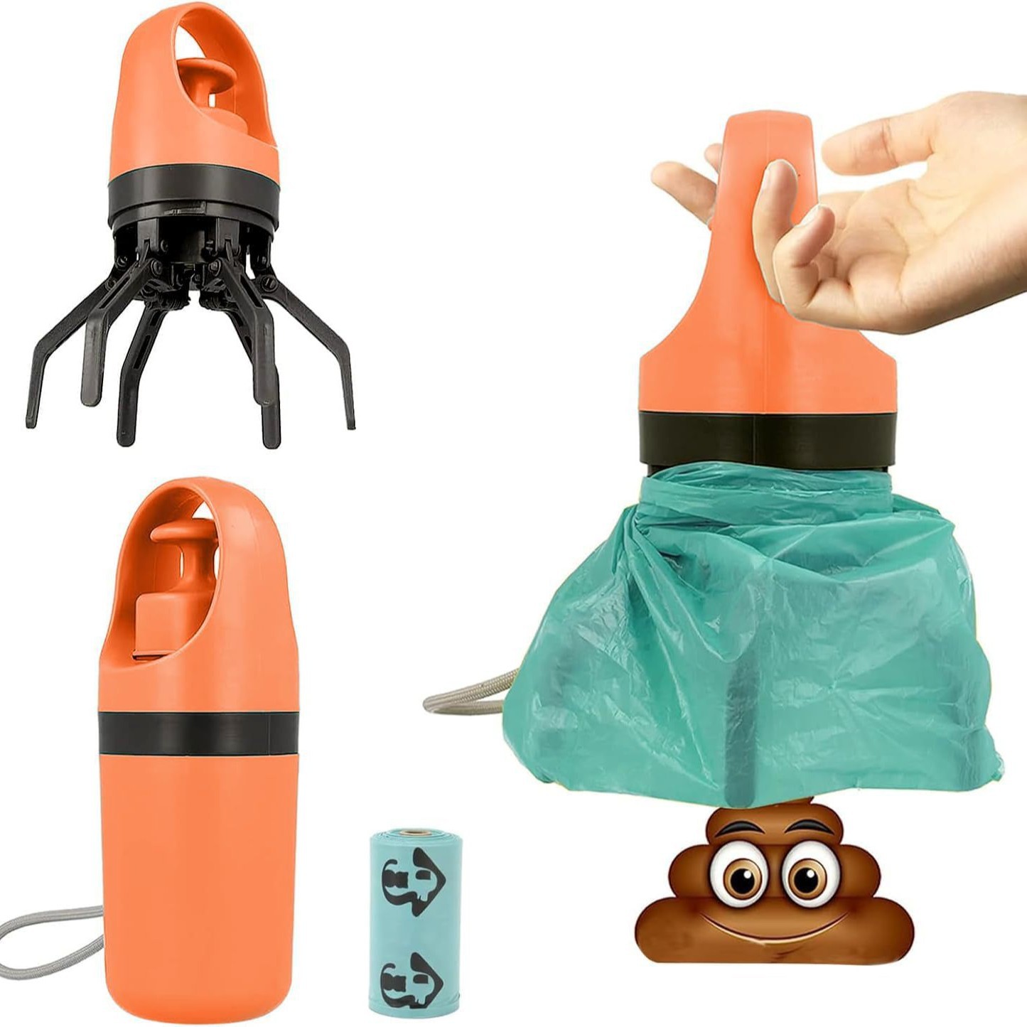 Orange Foldable 6-Claw Pet Pooper Scooper with Integrated Waste Bag Dispenser & 1 Roll of Bags - Durable One-Handed Operation for Outdoor Walking - Image 1