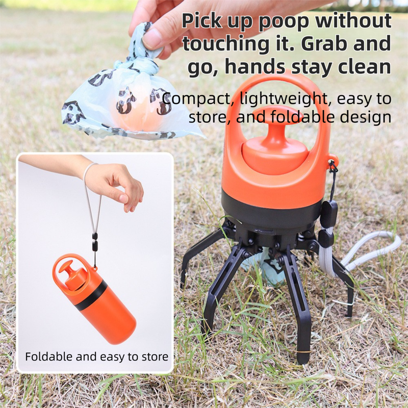 Orange Foldable 6-Claw Pet Pooper Scooper with Integrated Waste Bag Dispenser & 1 Roll of Bags - Durable One-Handed Operation for Outdoor Walking - Image 3