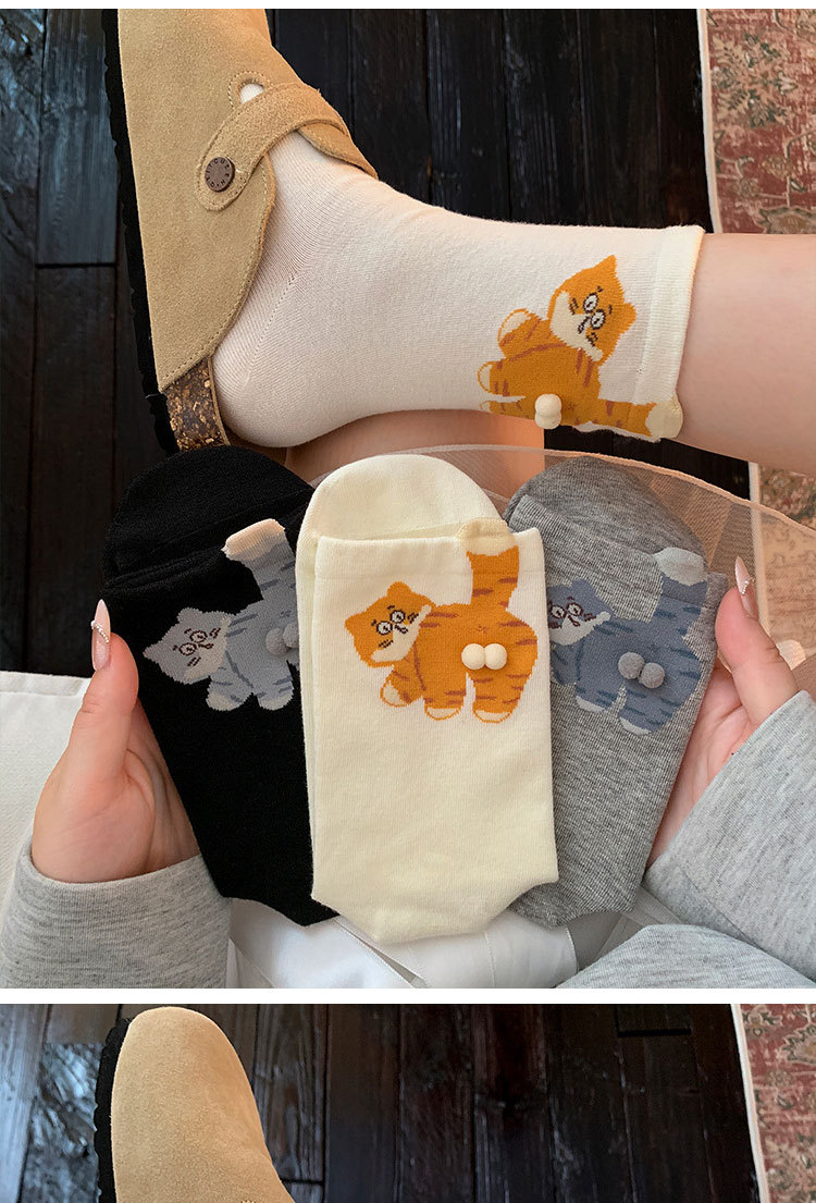 6-Pair Cute 3D Cartoon Cat Mid Socks - Breathable & Odor-Resistant Cotton Blend with Fun & Quirky Cat Pattern - Image 1