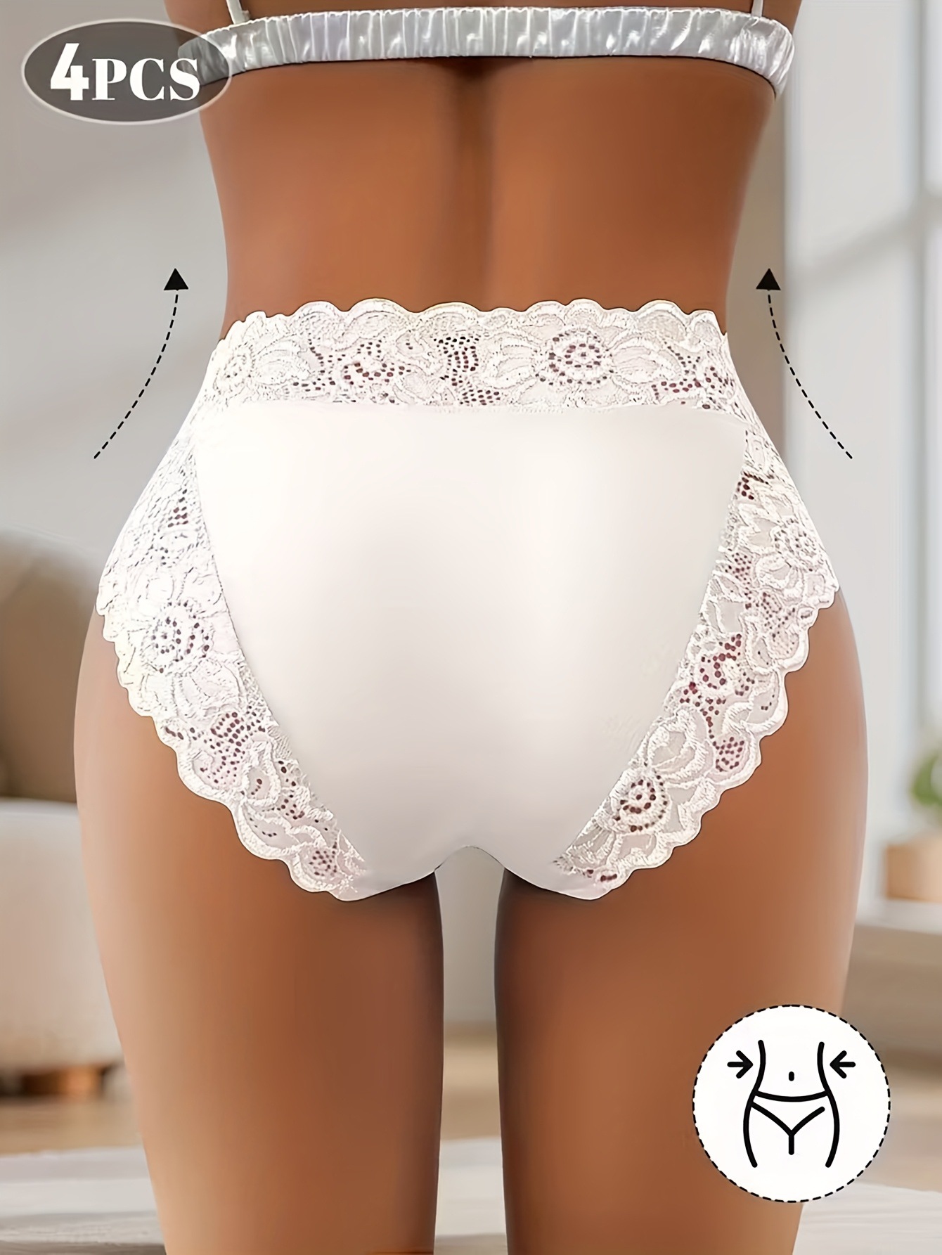 4-Pack White Elegant High-Waist Lace Panties for Women(Size S) - Tummy Control & Butt Lifting Briefs, Breathable Underwear with Cotton Crotch Lining - Image 4