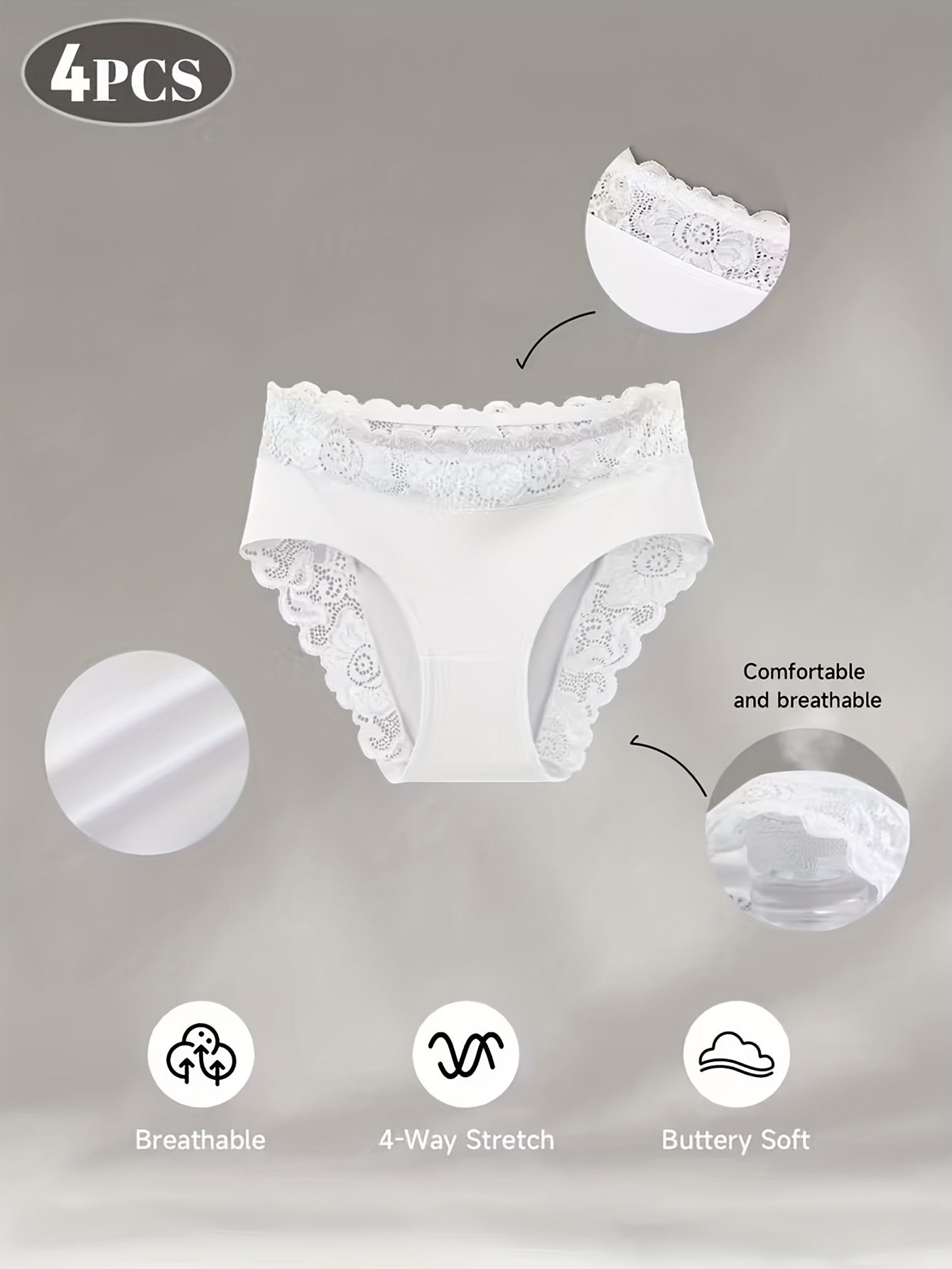 4-Pack White Elegant High-Waist Lace Panties for Women(Size XL) - Tummy Control & Butt Lifting Briefs, Breathable Underwear with Cotton Crotch Lining - Image 2