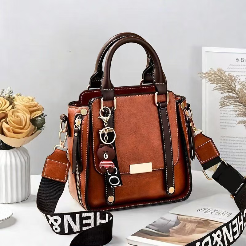 Caramel Trendy Vertical Square PU Leather Moto Crossbody Bag & Tote with 5-Pocket Organized Compartments & Adjustable Strap - Image 1