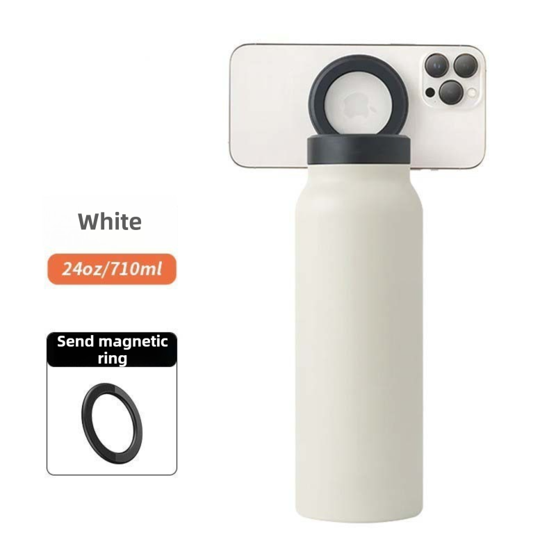 White 24oz Stainless Steel Insulated Water Bottle With 90° Adjustable Vertical/Horizontal Magnetic Phone Holder - Ringo Style Magnetic Lid Sport Flask - Image 1