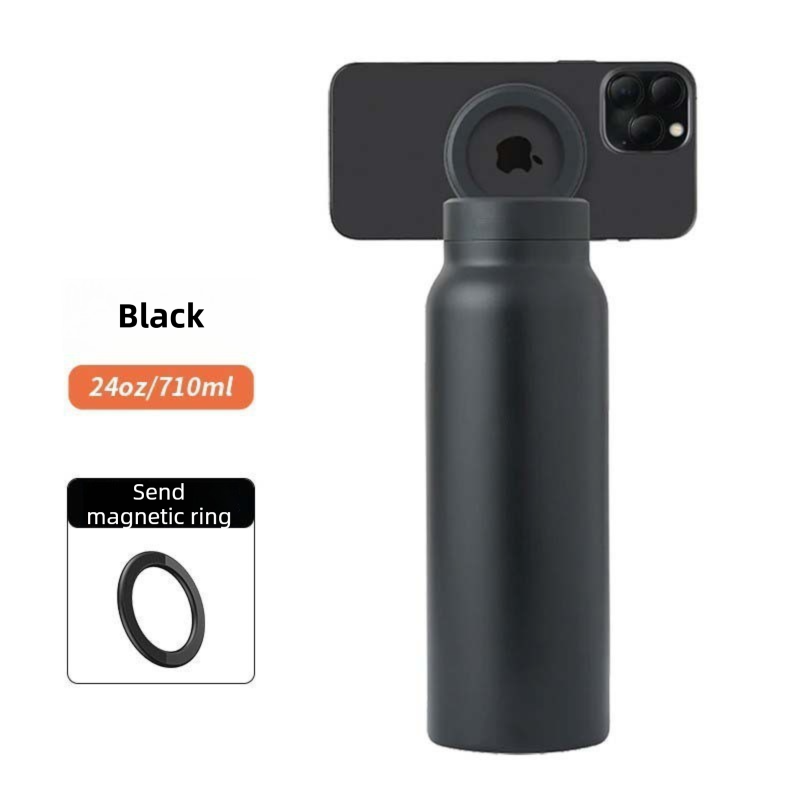 Black 24oz Stainless Steel Insulated Water Bottle With 90° Adjustable Vertical/Horizontal Magnetic Phone Holder - Ringo Style Magnetic Lid Sport Flask - Image 1