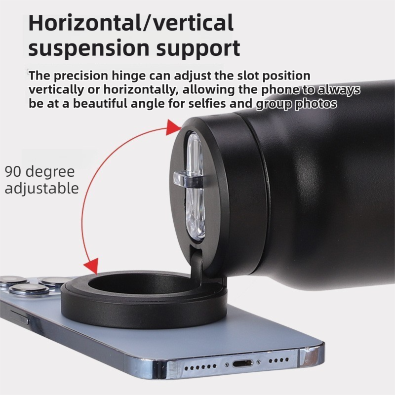 Black 24oz Stainless Steel Insulated Water Bottle With 90° Adjustable Vertical/Horizontal Magnetic Phone Holder - Ringo Style Magnetic Lid Sport Flask - Image 3