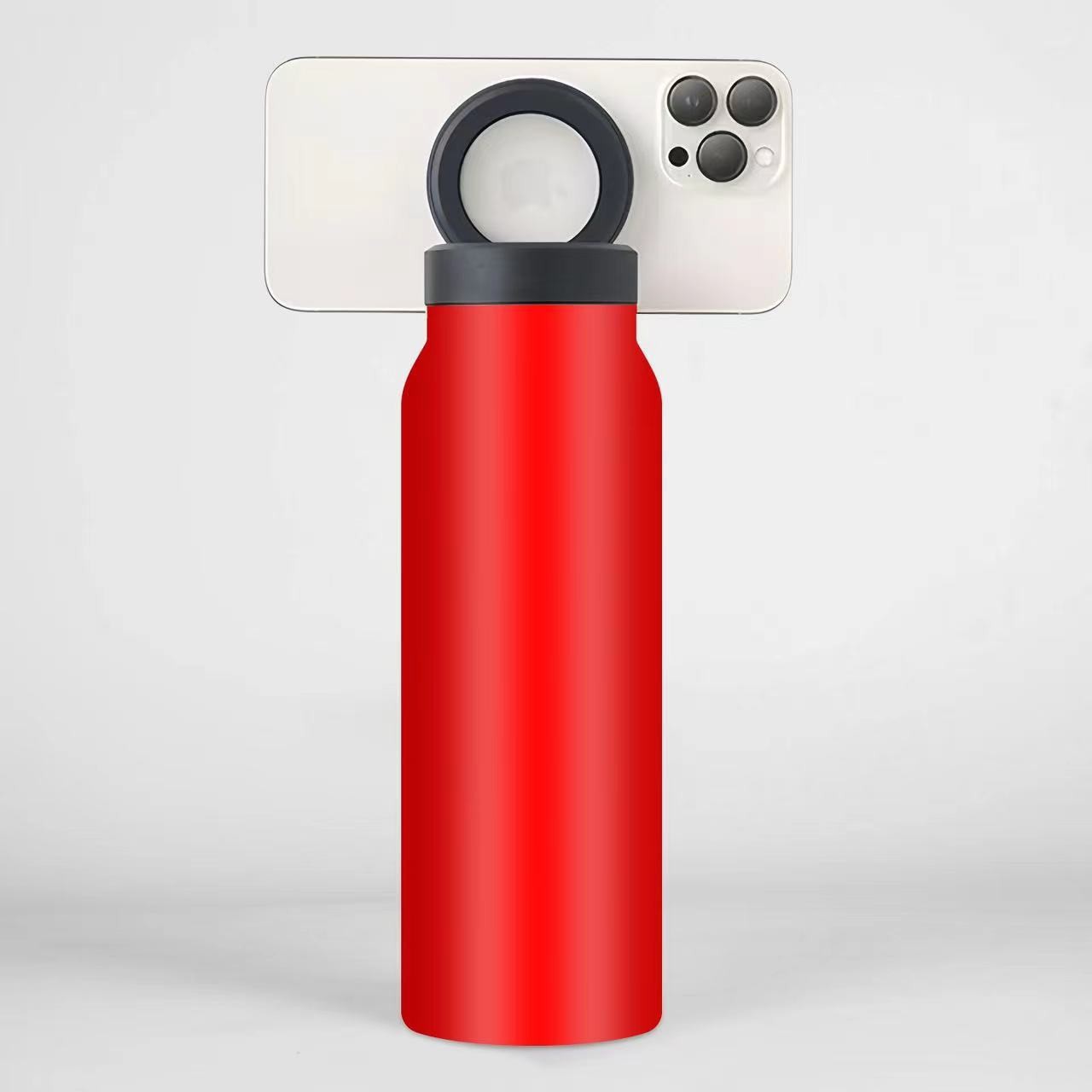 Red 24oz Stainless Steel Insulated Water Bottle With 90° Adjustable Vertical/Horizontal Magnetic Phone Holder - Ringo Style Magnetic Lid Sport Flask - Image 1