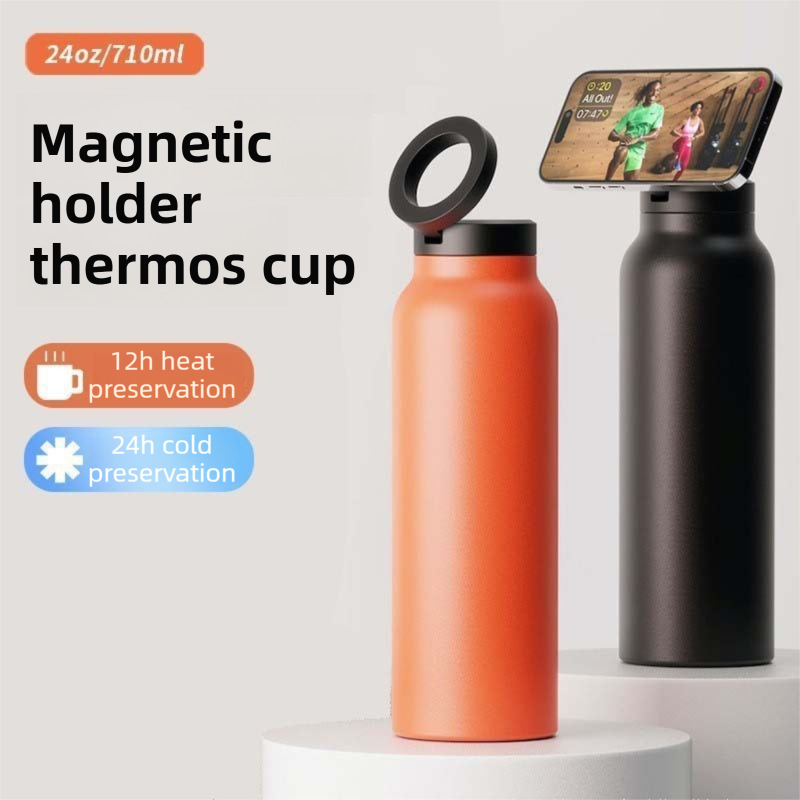 Red 24oz Stainless Steel Insulated Water Bottle With 90° Adjustable Vertical/Horizontal Magnetic Phone Holder - Ringo Style Magnetic Lid Sport Flask - Image 2