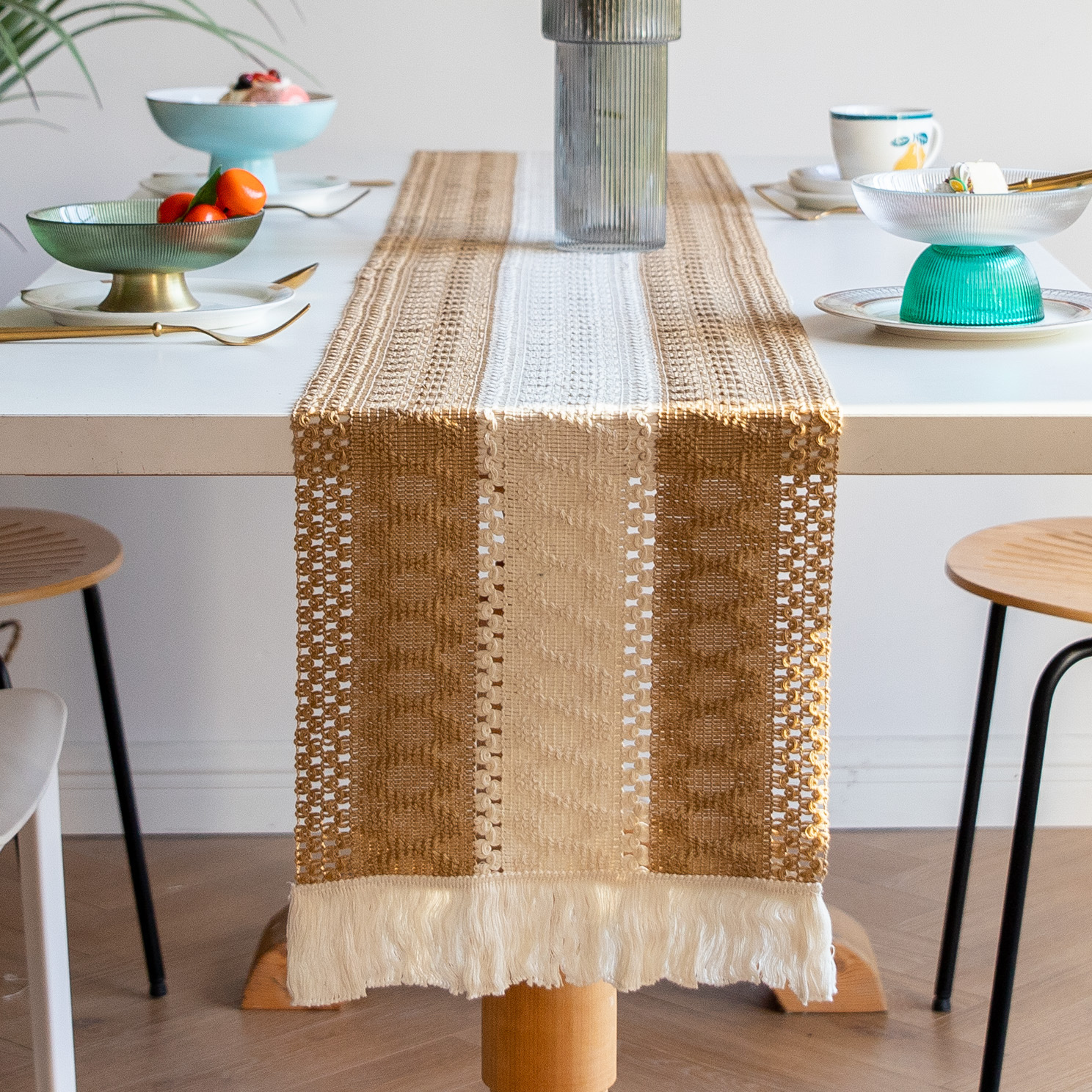White-Brown Bohemian Woven Dining Mat with Tassels(30X50CM) - Wrinkle-Resistant Striped Placemat for Wedding, Holiday & Outdoor Party - Image 6