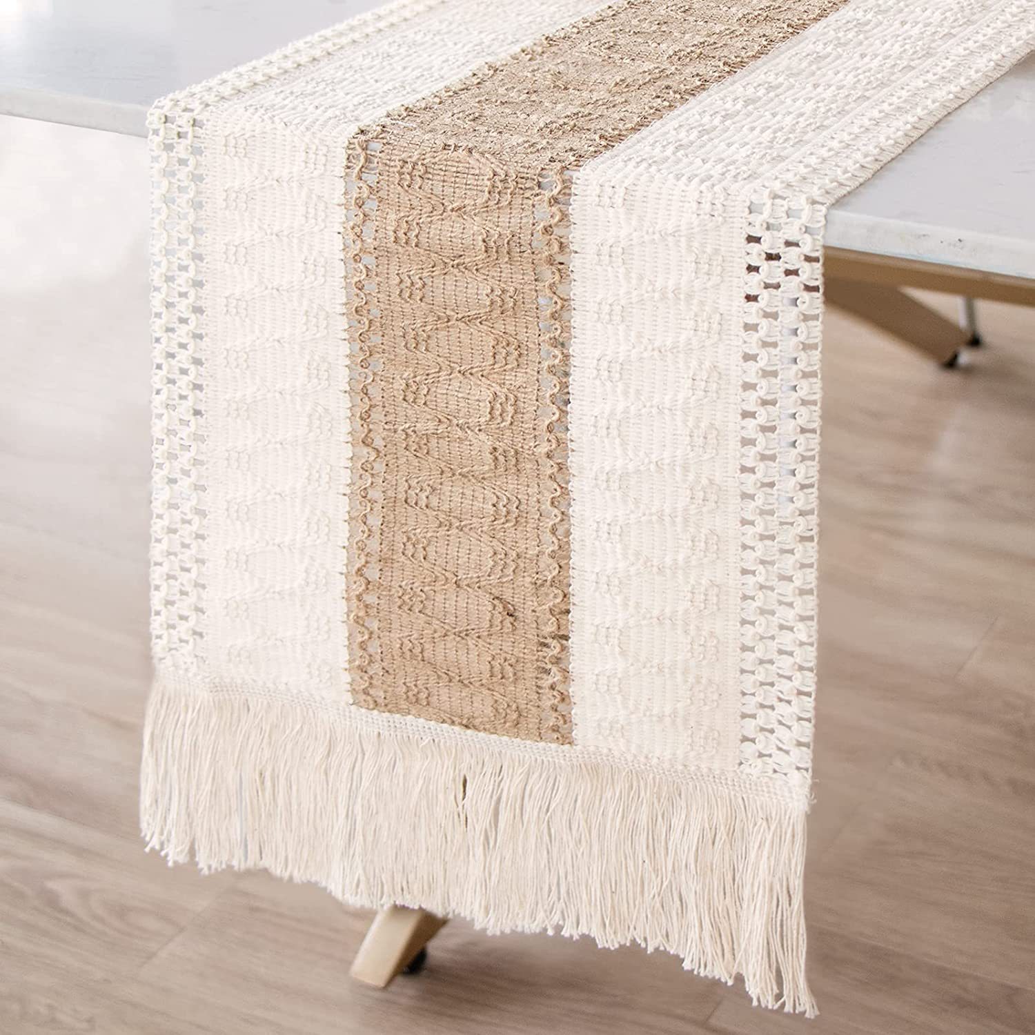 White-Brown Bohemian Woven Table Runner with Tassels(30X183CM) - Wrinkle-Resistant Striped Table Scarf for Wedding, Holiday & Outdoor Party - Image 1