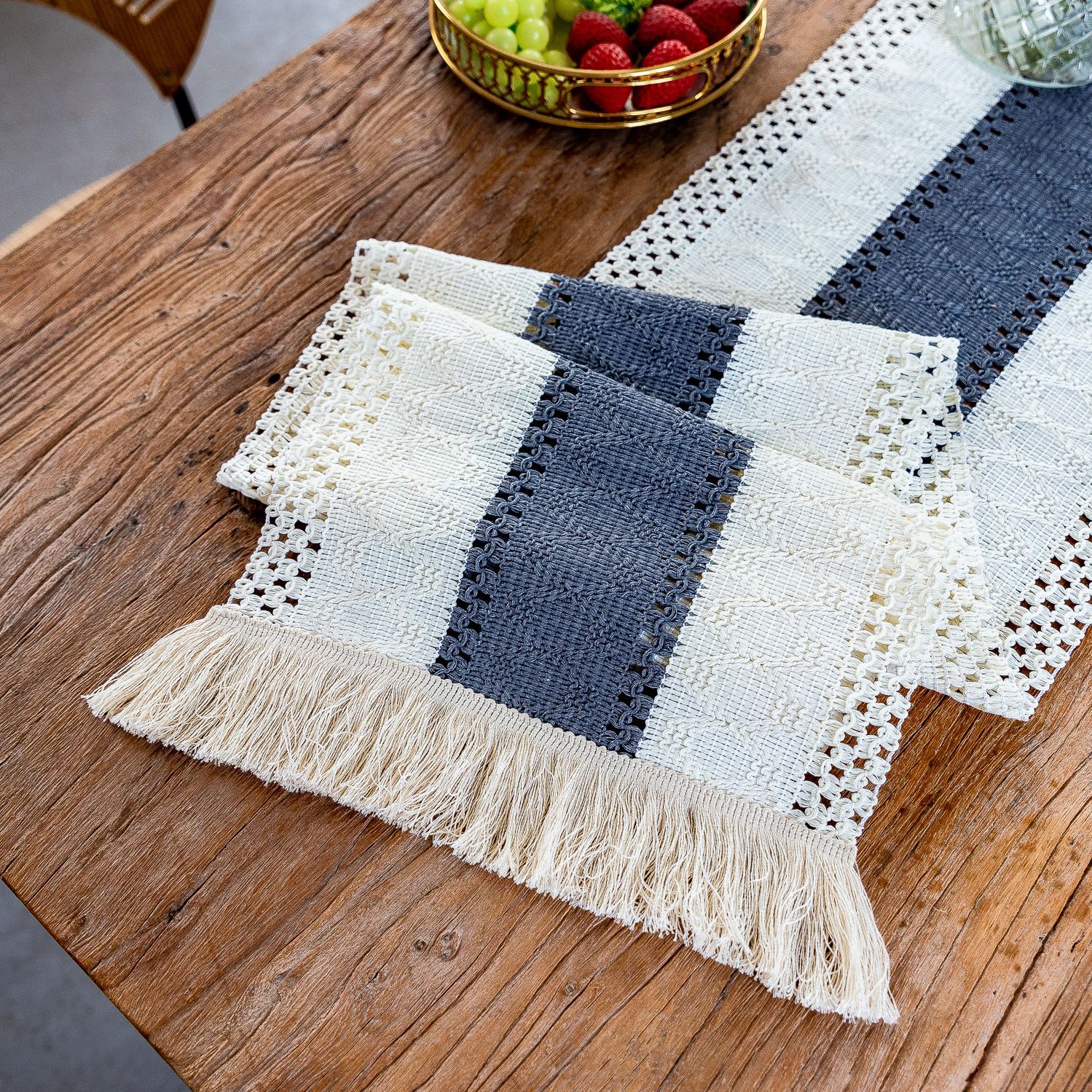 White-Grey Bohemian Woven Dining Mat with Tassels(30X50CM) - Wrinkle-Resistant Striped Placemat for Wedding, Holiday & Outdoor Party - Image 1