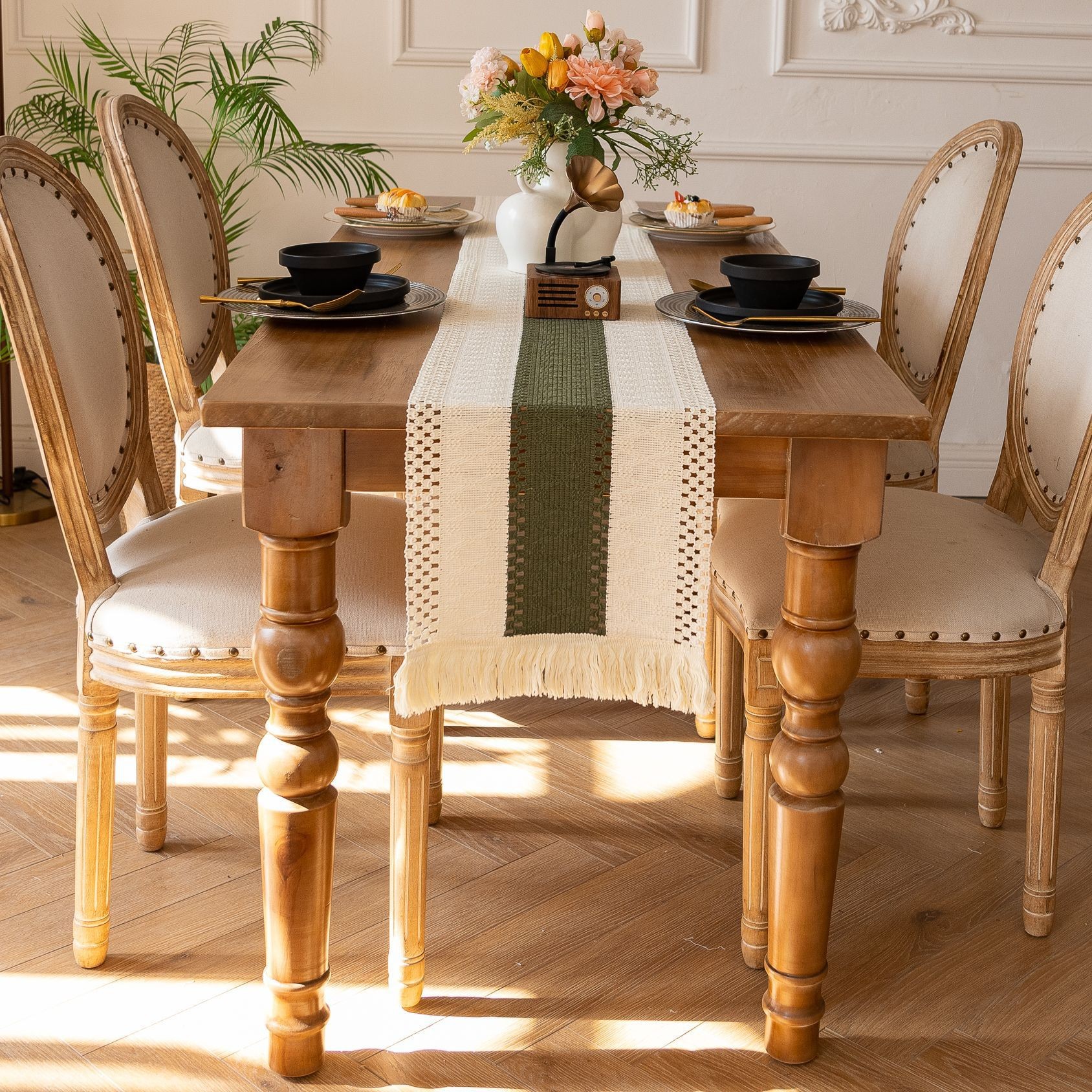 White-Green Bohemian Woven Dining Mat with Tassels(30X50CM) - Wrinkle-Resistant Striped Placemat for Wedding, Holiday & Outdoor Party - Image 1