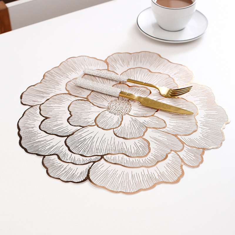 4-Pack Rose-Gold Luxury Bronzing Floral Heat-Insulated Placemats - Peony Style Anti-Slip & Waterproof PVC Table Mats(38x38CM) - Image 1