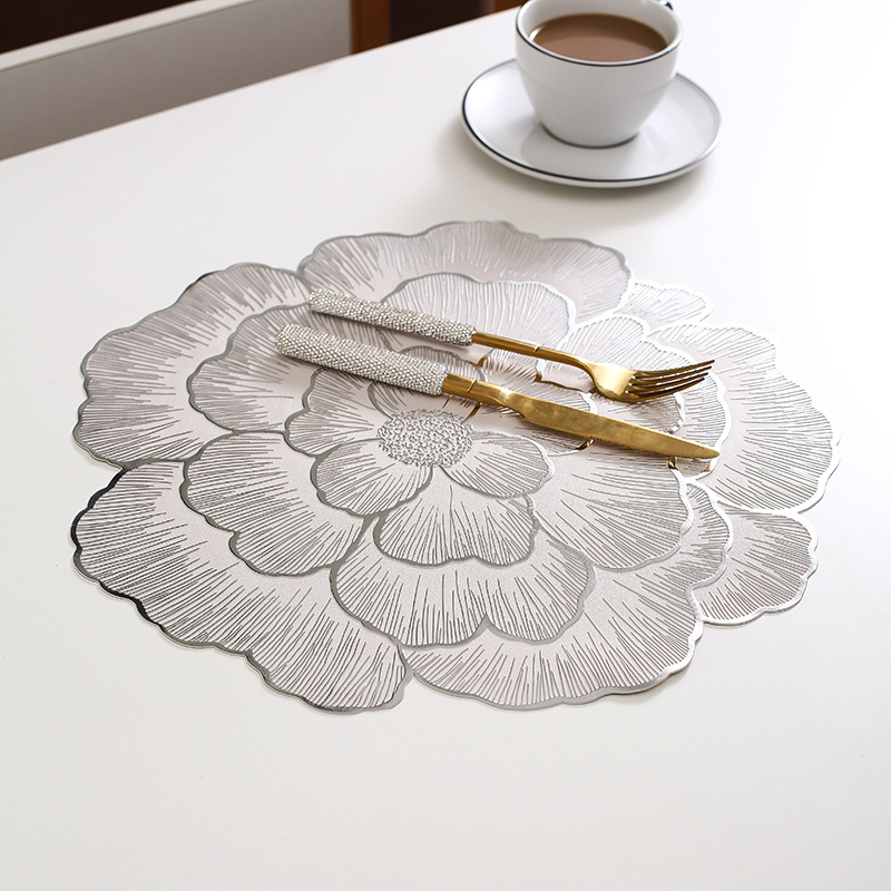 4-Pack Sliver Luxury Bronzing Floral Heat-Insulated Placemats - Peony Style Anti-Slip & Waterproof PVC Table Mats(38x38CM) - Image 1