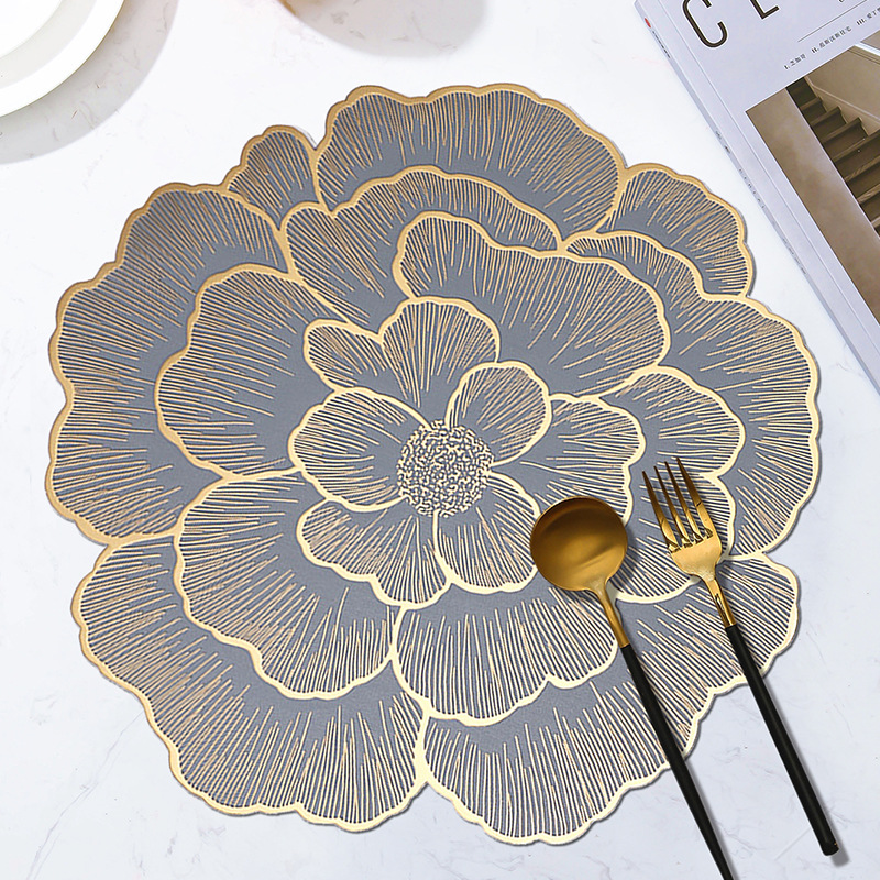 4-Pack Gold & Grey Luxury Bronzing Floral Heat-Insulated Placemats - Peony Style Anti-Slip & Waterproof PVC Table Mats(38x38CM) - Image 1