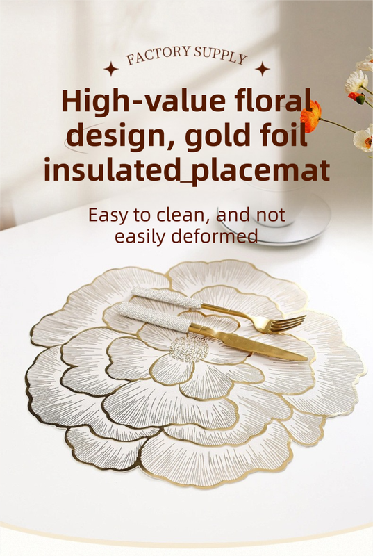 4-Pack Gold & Grey Luxury Bronzing Floral Heat-Insulated Placemats - Peony Style Anti-Slip & Waterproof PVC Table Mats(38x38CM) - Image 2