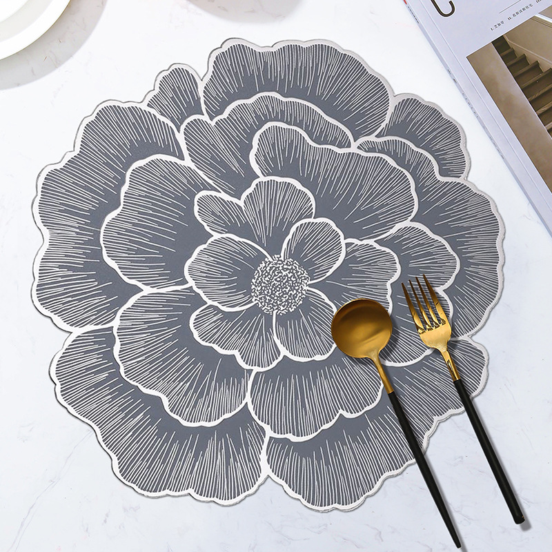 4-Pack Sliver & Grey Luxury Bronzing Floral Heat-Insulated Placemats - Peony Style Anti-Slip & Waterproof PVC Table Mats(38x38CM) - Image 1